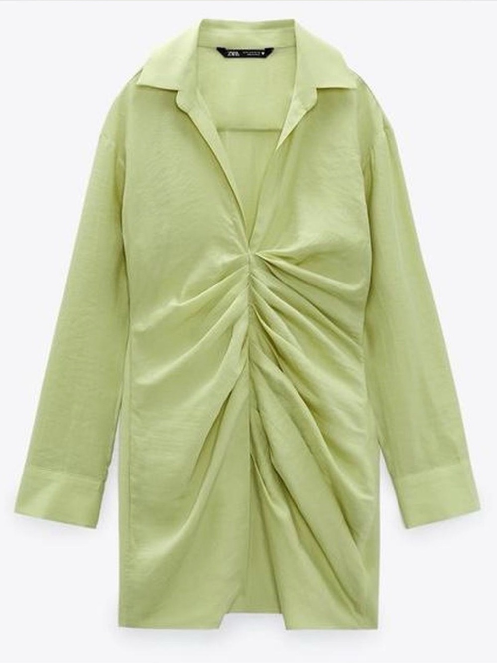 Zara Light Green Ruched Long-Sleeve Dress